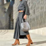 Women Autumn Belt Pleated Dress