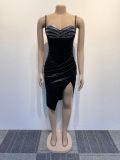 Sexy Slim Beaded Slim Waist Slit Strap Bodycon Dress