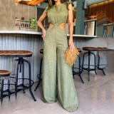 Women Summer Round Neck Ruffled Loose Jumpsuit