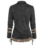 Women Leopard Patchwork Long Sleeve Loose Pleated Top