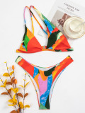 Women's Two Pieces Retro Multicolor Printed Sexy One Shoulder Two Piece Bikini Swimsuit