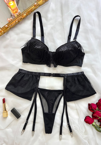 Women tassel bra mesh Sexy Lingerie Three-Piece