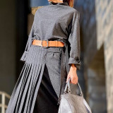 Women Autumn Belt Pleated Dress