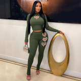 Women's Heart-Shaped Beaded Solid Color Two Piece Pants Set