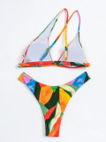 Women's Two Pieces Retro Multicolor Printed Sexy One Shoulder Two Piece Bikini Swimsuit