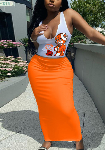 Women Summer Printed Sleeveless Top and Skirt Two-piece Set