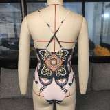 Women's Retro Print One Piece Beach Bikini Swimsuit