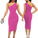 Women Sexy Solid One Shoulder Dress