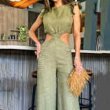 Women Summer Round Neck Ruffled Loose Jumpsuit