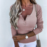 Spring And Winter Women's Solid Color Long-Sleeved Pullover Slim Button T-Shirt Top