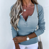 Spring And Winter Women's Solid Color Long-Sleeved Pullover Slim Button T-Shirt Top