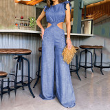 Women Summer Round Neck Ruffled Loose Jumpsuit