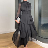 Women French Solid Turtleneck Cascading Ruffles Dress