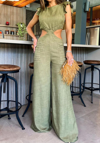 Women Summer Round Neck Ruffled Loose Jumpsuit