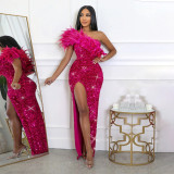 Fashionable Evening Dress Formal Party Sequined High Slit Long Dress for Women