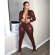 Women's Fashion Leather Stand Collar Top Lace-Up Trousers two piece pants set