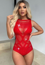 Sexy Hollow Rhinestone Red Fishnet Beaded Sexy Underwear Women's Rhinestone bodysuit lingerie
