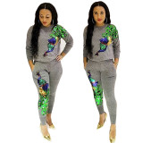 Women's Autumn and Winter Fashionable Peacock Sequin Patchwork Two-piece Pants Set