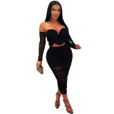 Sexy off shoulder pleated two piece skirt set nightclub wear