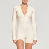 Women's Winter Long Sleeve Solid Color Zipper Tight Fitting Knitting Jumpsuit