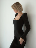 Autumn and winter French black dress Chic Slim Waist square neck long-sleeved elegant Tight Fitting long dress for women