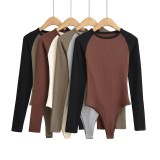 Contrast Color Retro Women's Round Neck Color Block Long Sleeve Slim Basic Jumpsuit
