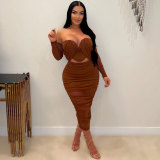 Sexy off shoulder pleated two piece skirt set nightclub wear