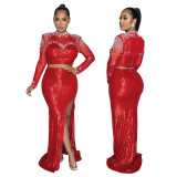 Fashionable Round Neck Mesh sequined long-sleeved top high slit skirt two-piece set for women
