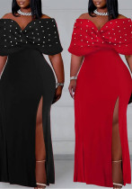 Sexy Pearl Off Shoulder Slit Plus Size Dress