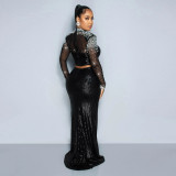 Fashionable Round Neck Mesh sequined long-sleeved top high slit skirt two-piece set for women