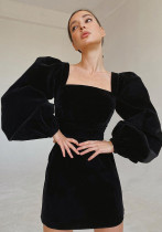 Autumn and winter black velvet dress women's fashion square neck puff sleeves Bodycon dress
