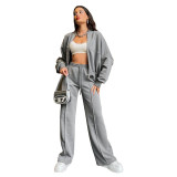 Autumn and Winter Solid Color Zipper Top Women's Fashion Casual Straight Pants two piece set