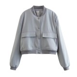 Women's Bomber Jacket Spring and Autumn Pocket Long Sleeve Casual Single Breasted Coat