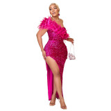 Fashionable Evening Dress Formal Party Sequined High Slit Long Dress for Women