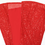 Fashionable Round Neck Mesh sequined long-sleeved top high slit skirt two-piece set for women