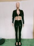Women's Fashion Leather Stand Collar Top Lace-Up Trousers two piece pants set