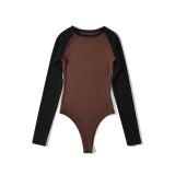 Contrast Color Retro Women's Round Neck Color Block Long Sleeve Slim Basic Jumpsuit