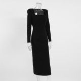 Autumn and winter French black dress Chic Slim Waist square neck long-sleeved elegant Tight Fitting long dress for women