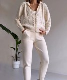 Autumn solid color hooded zipper top Casual home loungwear set