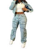 Women's Fashion Stretch Denim Fabric Multi-Pocket Cargo Style Denim Pants
