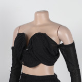 Sexy off shoulder pleated two piece skirt set nightclub wear