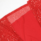 Fashionable Round Neck Mesh sequined long-sleeved top high slit skirt two-piece set for women