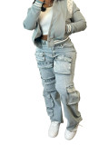 Women's Fashion Stretch Denim Fabric Multi-Pocket Cargo Style Denim Pants