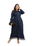 Plus Size Women's Tassel Long Sleeve Button Up Shirt Dress