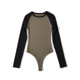 Contrast Color Retro Women's Round Neck Color Block Long Sleeve Slim Basic Jumpsuit