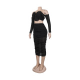 Sexy off shoulder pleated two piece skirt set nightclub wear