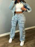 Women's Fashion Stretch Denim Fabric Multi-Pocket Cargo Style Denim Pants