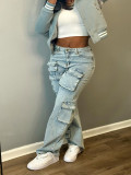 Women's Fashion Stretch Denim Fabric Multi-Pocket Cargo Style Denim Pants