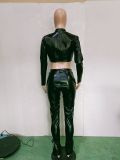 Women's Fashion Leather Stand Collar Top Lace-Up Trousers two piece pants set