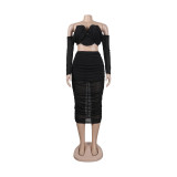 Sexy off shoulder pleated two piece skirt set nightclub wear